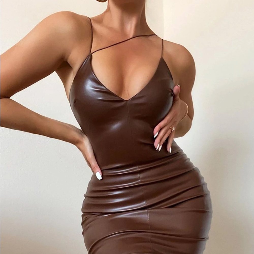 Brown sexy faux leather midi dress